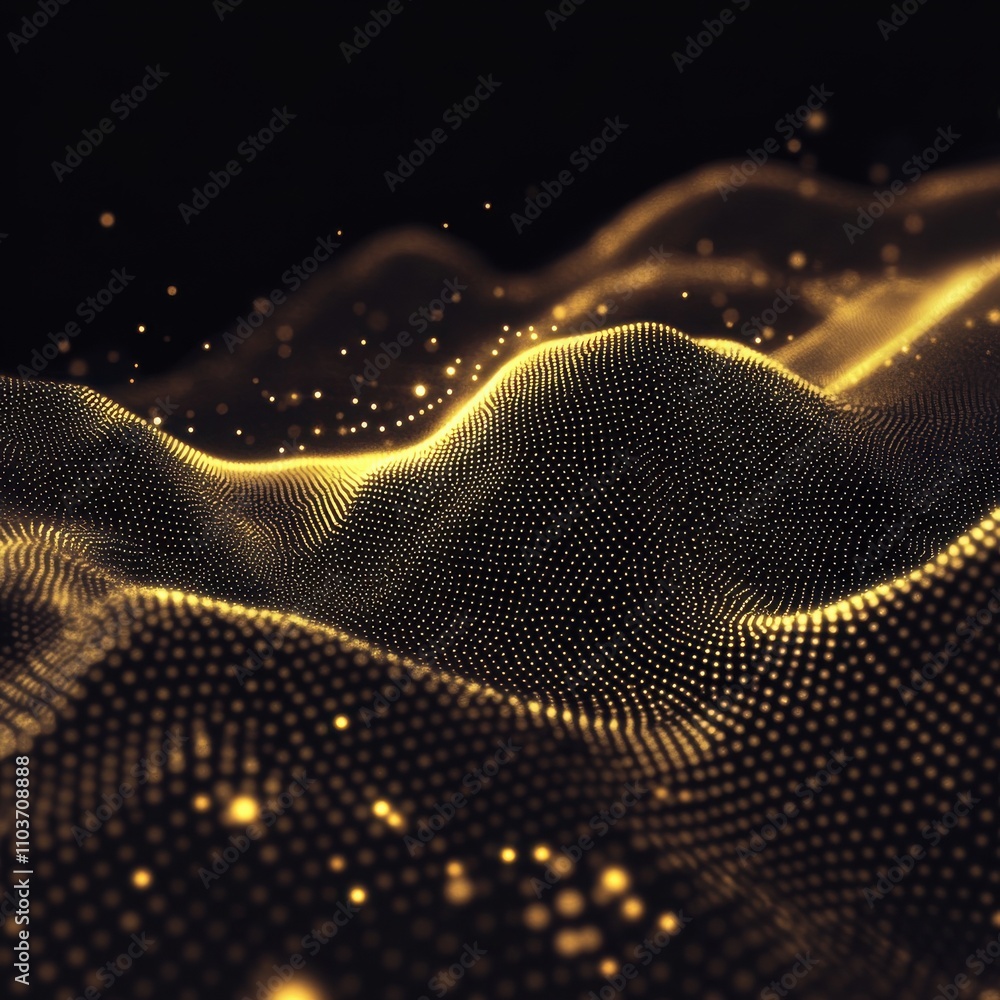 Poster abstract golden waves with luminous dots create a mesmerizing 3d effect, evoking a sense of depth an