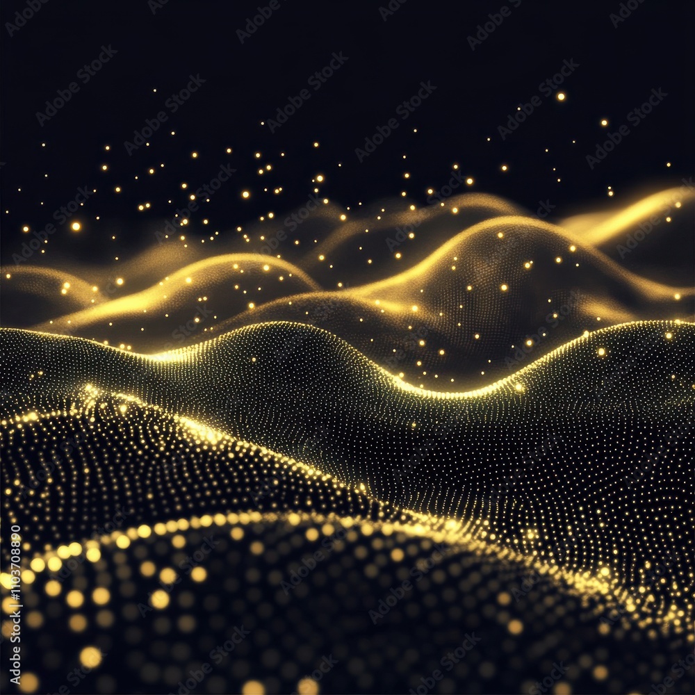 Poster abstract golden waves and particles creating a mesmerizing and dynamic visual experience in a dark s