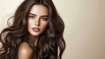 Naklejka premium Brunette Beauty with Luxurious Hair. Premium Hair Care Inspiration Image. Glossy Brown Hair Professional Photography