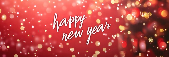 Нарру New Year banner on red blurred background with bokeh lights 