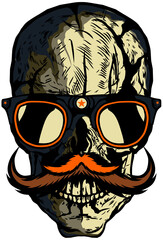 Tête de mort à moustache hipster skull moustachu et crane lunette de soleil