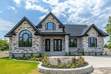 Recent home exterior featuring a double gable roof stone veneer and a large symmetrical window with grills