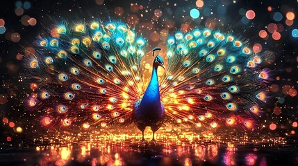 Glowing Digital Peacock with Vibrant Feather Lights