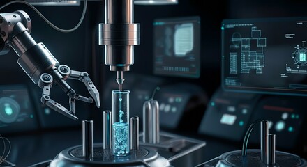 A close-up of a robotic arm injecting nanomaterials into a glowing test tube surrounded by AI-controlled lab equipment