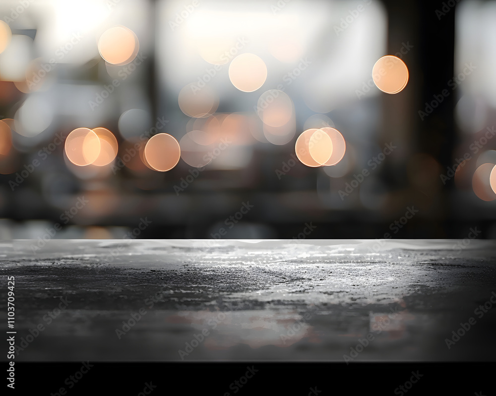 Poster a blurred background with warm bokeh lights and a textured surface in focus.