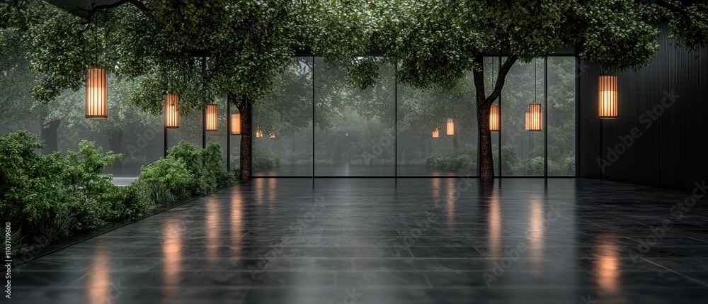 Poster long, empty room with a tiled floor and large windows that offer a view of the trees and greenery ou