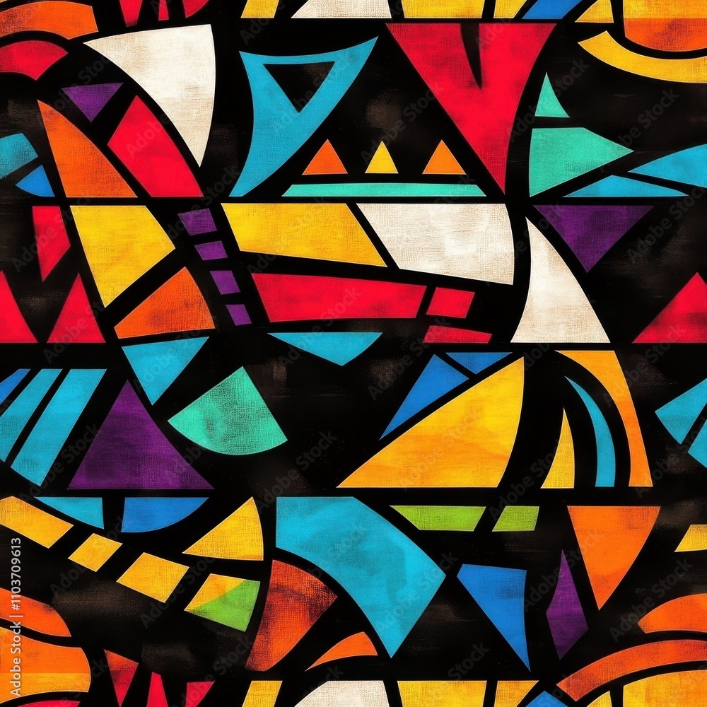 Poster colorful abstract pattern with vibrant shapes and bold lines on a black background.