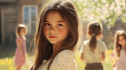 A thoughtful young girl with long brown hair gazes into the distance, contrasting with other children joyfully playing in a sunny, flower-filled background.