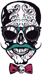 Tête de mort mexicaine à moustache hipster skull moustachu et crane mexicain noeud papillon