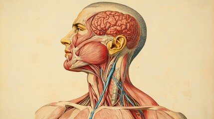 An anatomical diagram of the human neck and shoulders, showcasing muscles and veins, illustrating the interconnectedness of the body