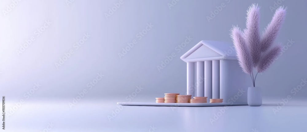 Poster 3d rendering of a small white house with a stack of coins in front of it. the house has a pointed ro