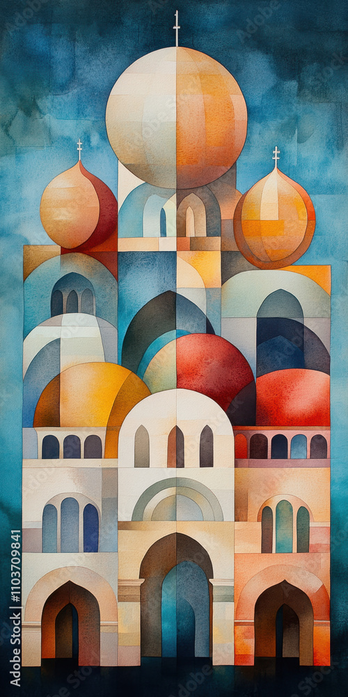 Poster italian style art. a colorful abstract representation of architectural elements featuring domes and 