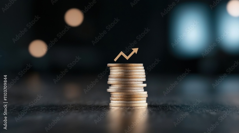 Poster stack of coins with a gold arrow pointing upwards on top. the coins are arranged in a pyramid-like s