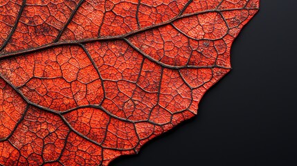 Fototapeta premium Close-up of vibrant red leaf with intricate veins against a dark background.