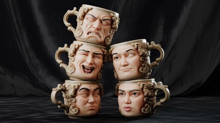 Intricately designed coffee mugs with ornate details