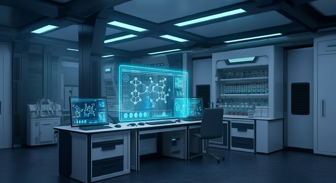 A futuristic AI workstation in a pharmaceutical lab displays real-time 3D visualizations of drug interactions, revolutionizing medicine development with advanced technology and precision analytics