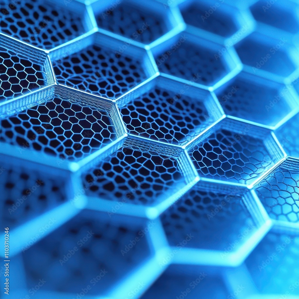 Poster close-up of a blue hexagonal mesh structure, showcasing intricate patterns and modern design element