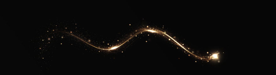 Obraz premium Golden comet png with sparkling stars and dust. Powder dust light PNG. Magic shining gold dust. Fine, shiny dust bokeh part 