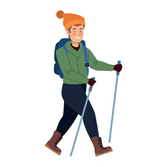 mountaineer with rucksack and trekking poles
