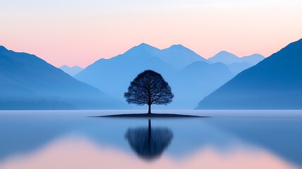 Isolated tree standing tall in the center of a massive lake, surrounded by the silent reflection of towering mountains, early morning mist hanging low, soft pastel tones filling the horizon 