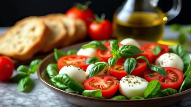 fresh caprese salad tomatoes mozzarella basil healthy Italian cuisine light summer meal food videography smooth 4k video motion footage
