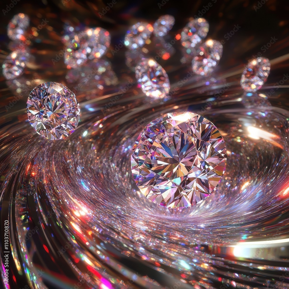 Poster A dazzling array of sparkling diamonds twists through a vibrant vortex of light and color, creating a mesmerizing effect.