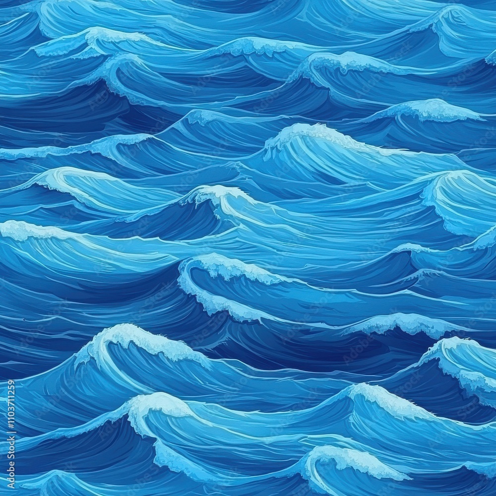 Poster a vibrant depiction of rolling ocean waves in various shades of blue, creating a dynamic and fluid s