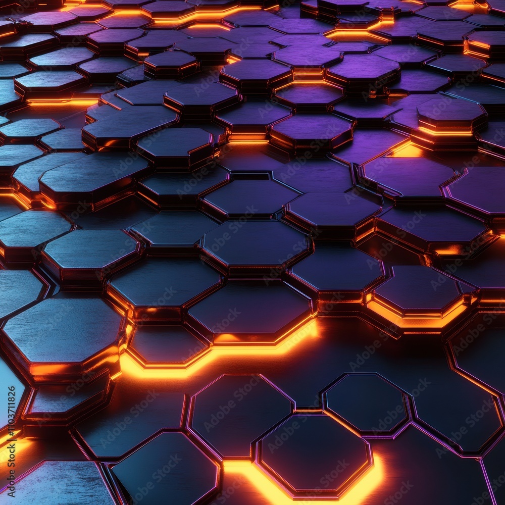 Poster abstract futuristic hexagonal tiles with glowing orange lines, creating a vibrant and modern digital