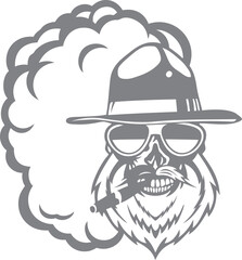 Fototapeta premium Tête de mort moustache hipster skull moustachu crane barbu barbe chapeau fume le cigare et lunette