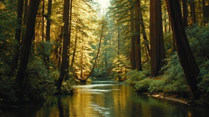Naklejka premium Sunlight Filtering Through Redwood Forest