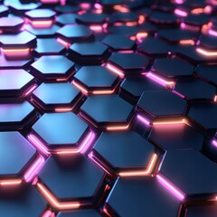 Abstract geometric pattern with hexagonal shapes glowing in pink and blue hues, creating a futuristic vibe.