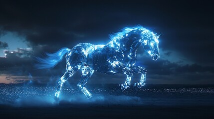 Fototapeta premium Glowing Robotic Horse Galloping Across Futuristic Landscape