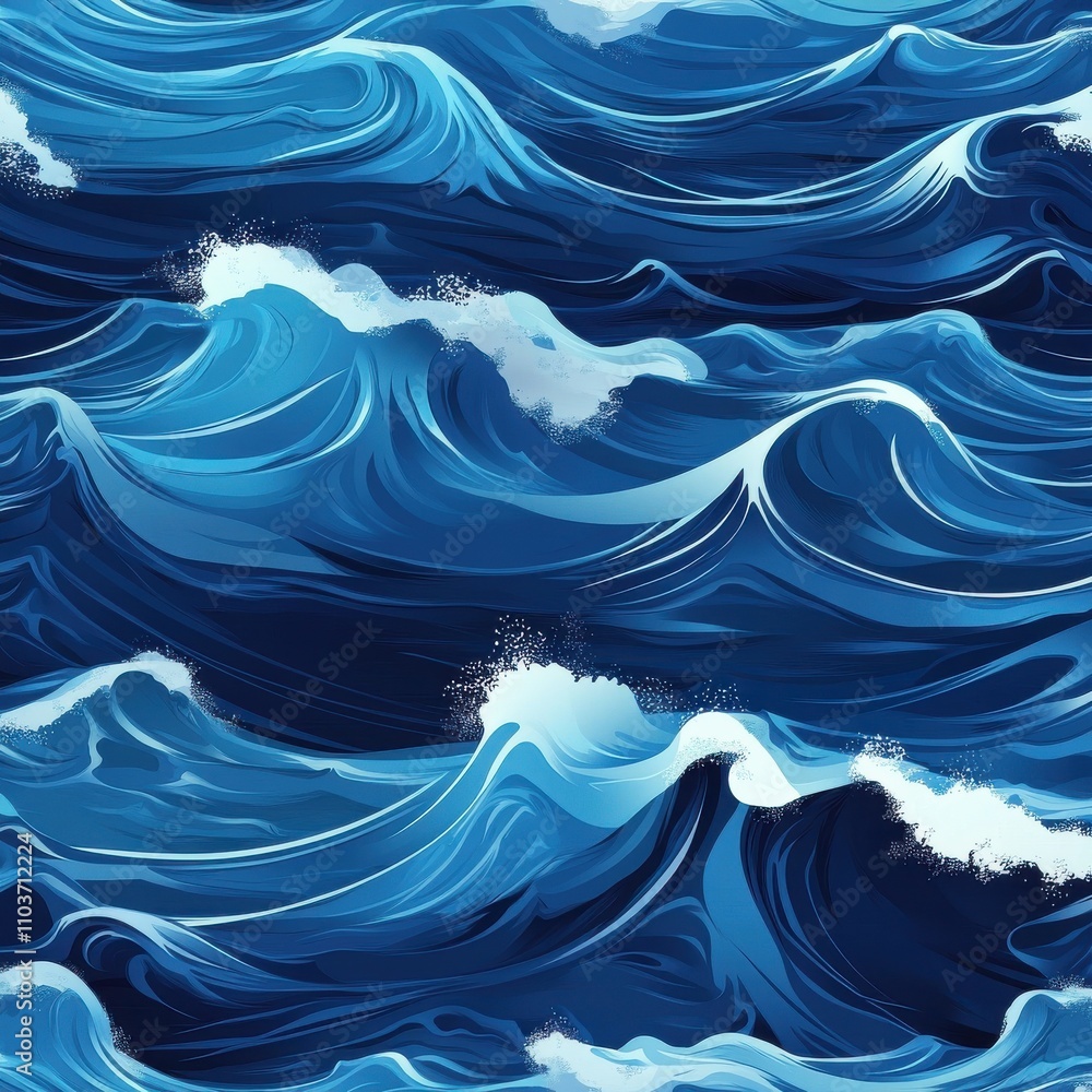 Poster a mesmerizing abstract pattern of deep blue ocean waves, showcasing dynamic movement and rich textur