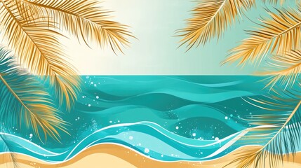Serene beach view with golden palm fronds framing gentle teal waves, creating a perfect backdrop for summer vacation promotions and advertising space.