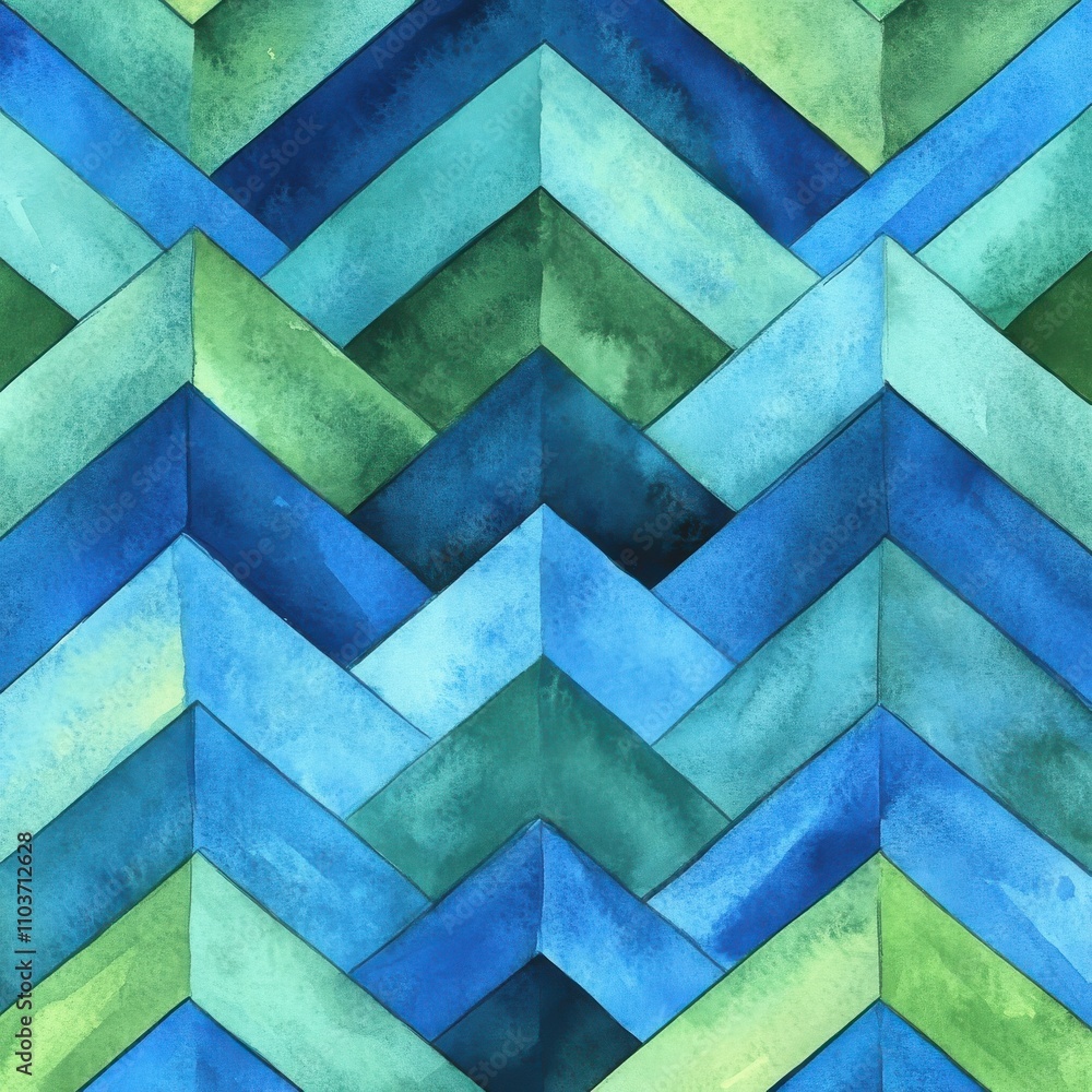 Poster a vibrant abstract pattern featuring layered blue and green chevron shapes, creating a calming and m