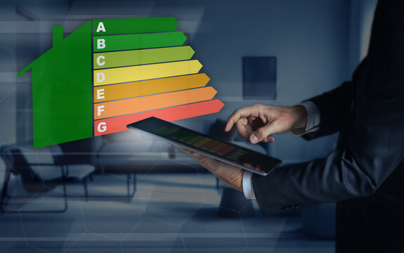 Energy efficiency rating. Lower CO2 emissions, efficient home and appliances. Green ecology concept