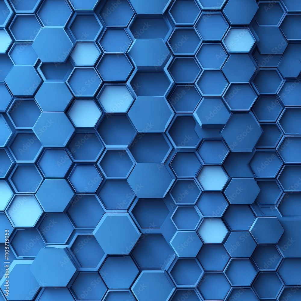 Poster a striking blue hexagonal pattern, with varying shades creating depth and a modern, technological fe