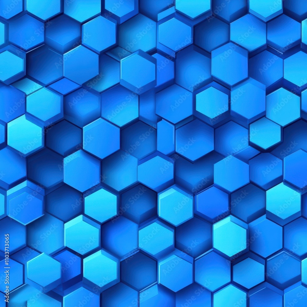Poster a vibrant pattern of hexagonal shapes in varying shades of blue, creating a modern and dynamic backg