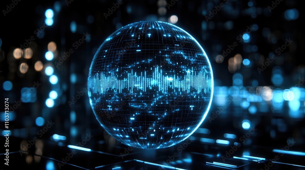 Poster illuminated abstract sphere displaying sound waves, representing innovative audio technology and voi