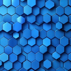 An abstract pattern of blue hexagons creates a modern and dynamic background, reflecting light and depth.