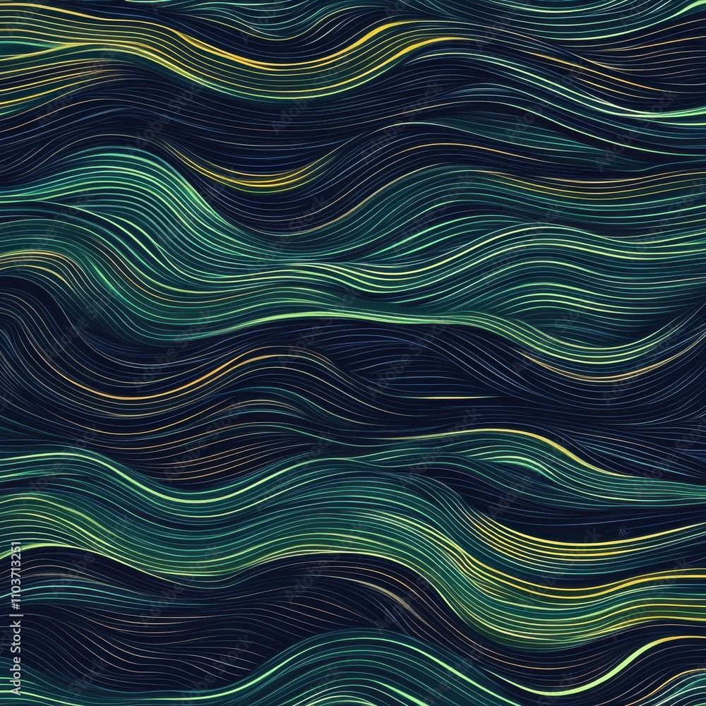 Poster abstract wavy lines creating a mesmerizing pattern in dark greens and golds.