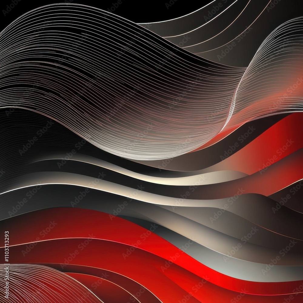 Aufkleber abstract waves in red and silver hues create a dynamic and modern artistic design.