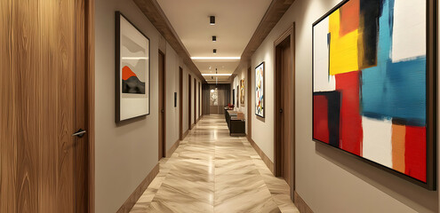 Spacious corridor in boutique hotel, highlighting elegant minimalist art.