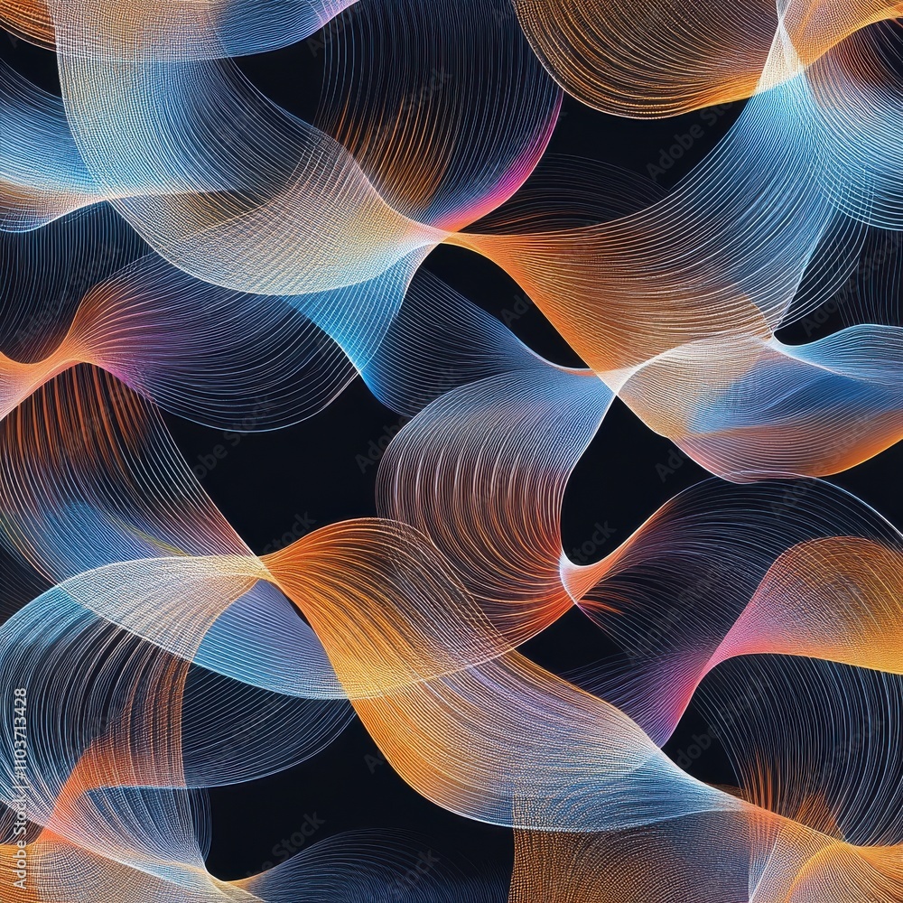 Poster abstract wave patterns in vibrant hues of blue, orange, and pink against a dark background, creating