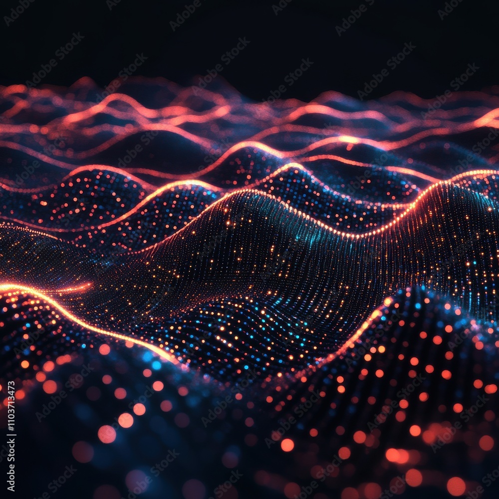 Poster an abstract representation of colorful digital waves creating a mesmerizing visual landscape.