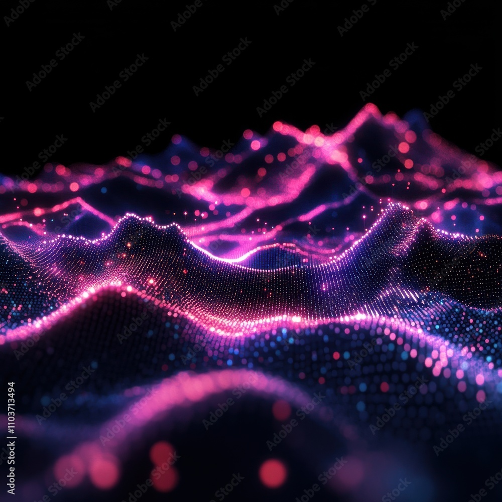 Poster abstract digital landscape with vibrant pink and blue glowing particles creating a dynamic wave-like