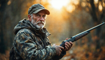 Fototapeta premium A hunter in camouflage gear poses with a rifle against a serene forest backdrop.