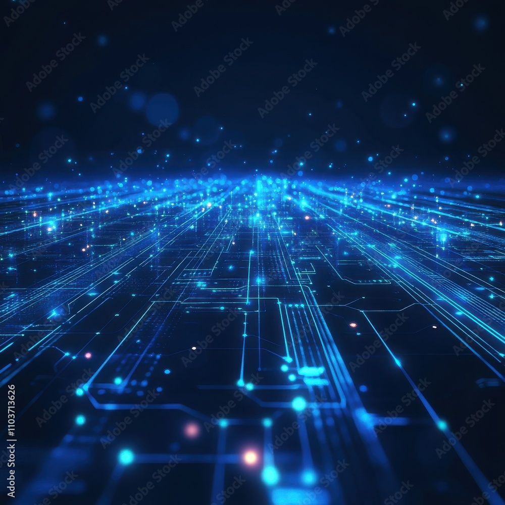Poster a mesmerizing abstract representation of a digital landscape with glowing blue circuits and particle