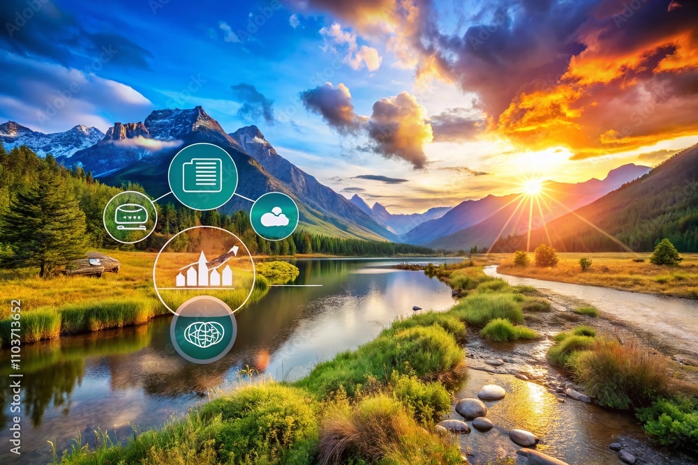 Poster modern content management system concept illustrating digital landscapes with keywords and icons for