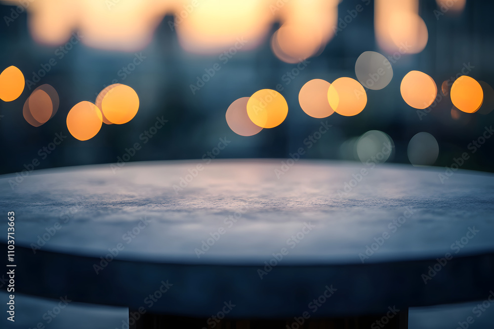 Aufkleber a blurred sunset scene featuring a tabletop with soft bokeh lights in the background.